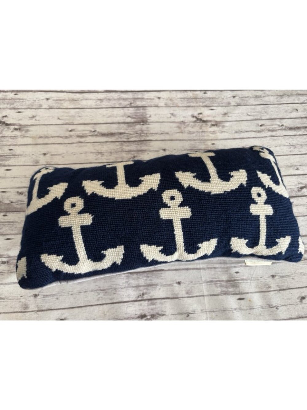 Pottery Barn‎ Kids Crochet Pillow 8" x 17" Rectangle Anchors Blue White Nautical